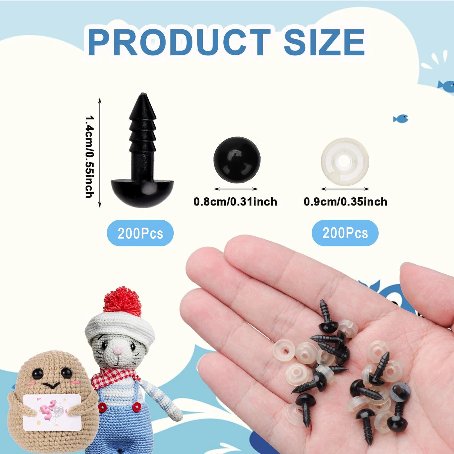 200Sets 8mm Safety Eyes for Crochet Amigurumi Stuffed Animals Plastic Craft Eyes with Washers for Crocheting Doll Eyes Making
