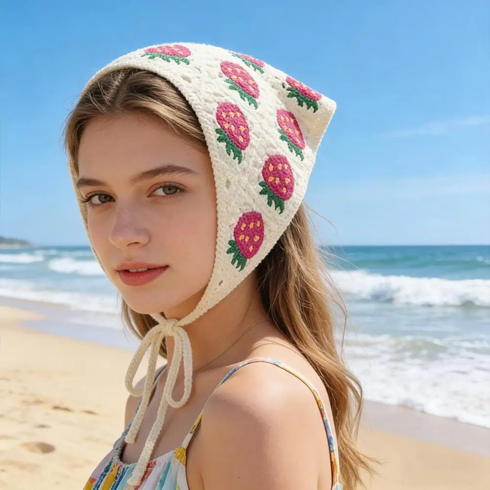 Handmade Crochet Flower Triangle Headband Breathable Mesh Hair Scarf for Women Girls Sun Protection Outdoor Picnic Head Wrap