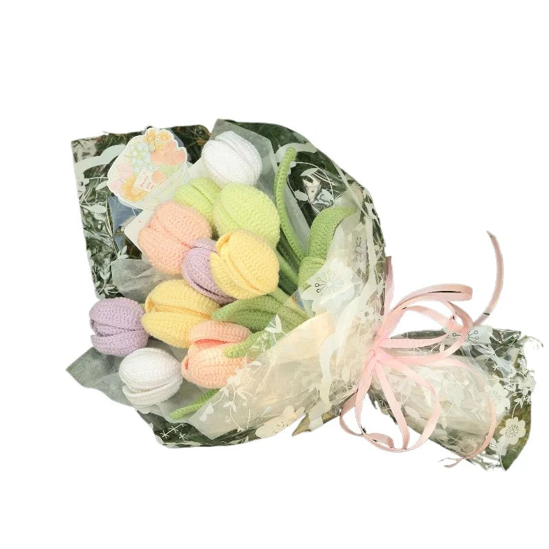Crochet Tulip Hand Bouquet, Knitted Yarn Flower Gift for Mother & Girlfriend, Realistic Artificial Plant for Women's Day