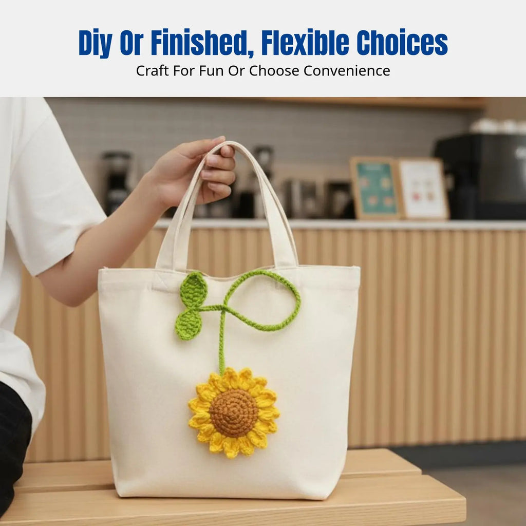 Handmade Yellow Flower Bag Charm, Yarn Crochet DIY Kit, Cute Keychain, Finished or DIY, Gift Idea