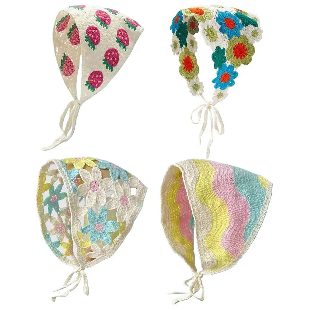 Handmade Crochet Flower Triangle Headband Breathable Mesh Hair Scarf for Women Girls Sun Protection Outdoor Picnic Head Wrap