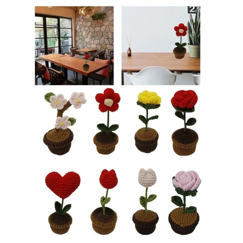 4X7B Crochet Heart Flower In Pots Knitted Wool Mini Flower Potted Plant Romantics Ornament for Valentines Day Gift