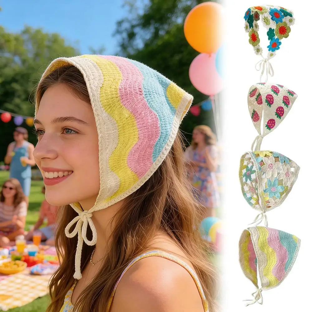 Handmade Crochet Flower Triangle Headband Breathable Mesh Hair Scarf for Women Girls Sun Protection Outdoor Picnic Head Wrap