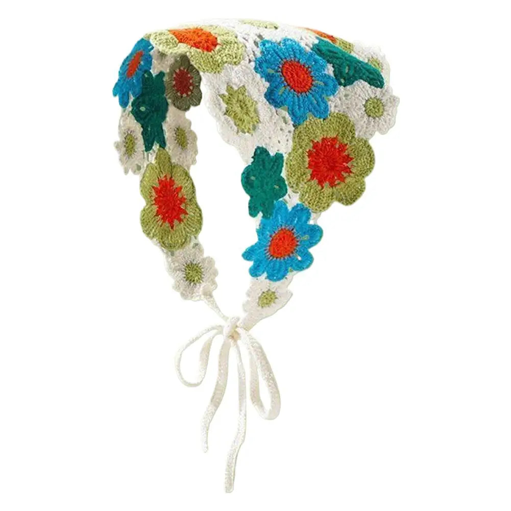 Handmade Crochet Flower Triangle Headband Breathable Mesh Hair Scarf for Women Girls Sun Protection Outdoor Picnic Head Wrap