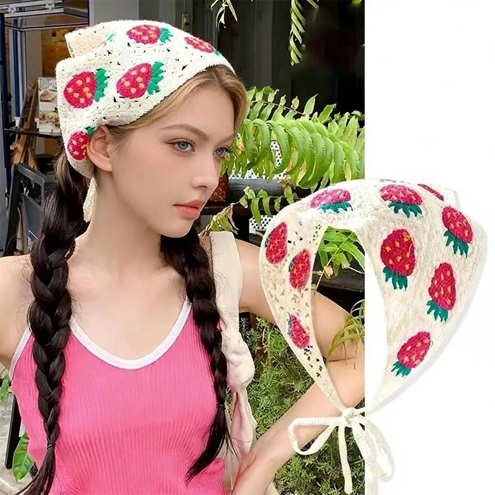 Handmade Crochet Flower Triangle Headband Breathable Mesh Hair Scarf for Women Girls Sun Protection Outdoor Picnic Head Wrap