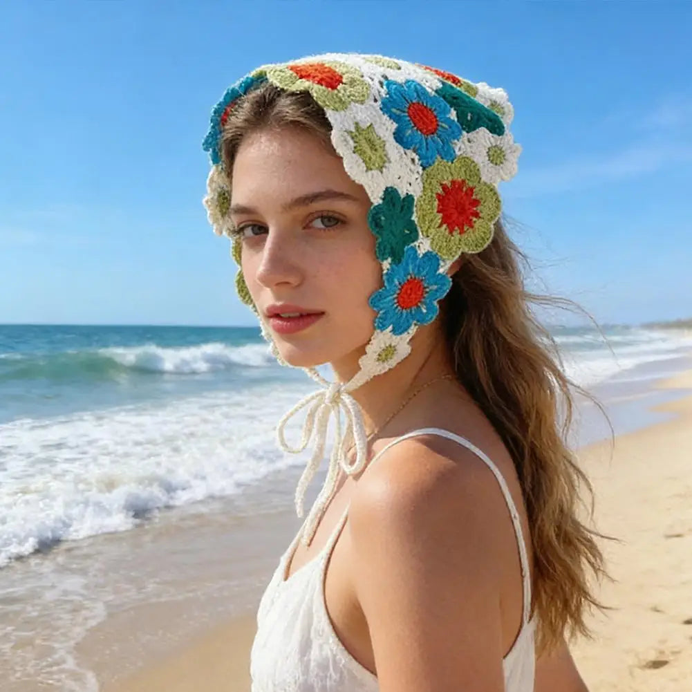 Handmade Crochet Flower Triangle Headband Breathable Mesh Hair Scarf for Women Girls Sun Protection Outdoor Picnic Head Wrap