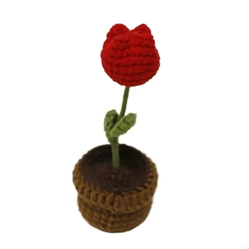 4X7B Crochet Heart Flower In Pots Knitted Wool Mini Flower Potted Plant Romantics Ornament for Valentines Day Gift