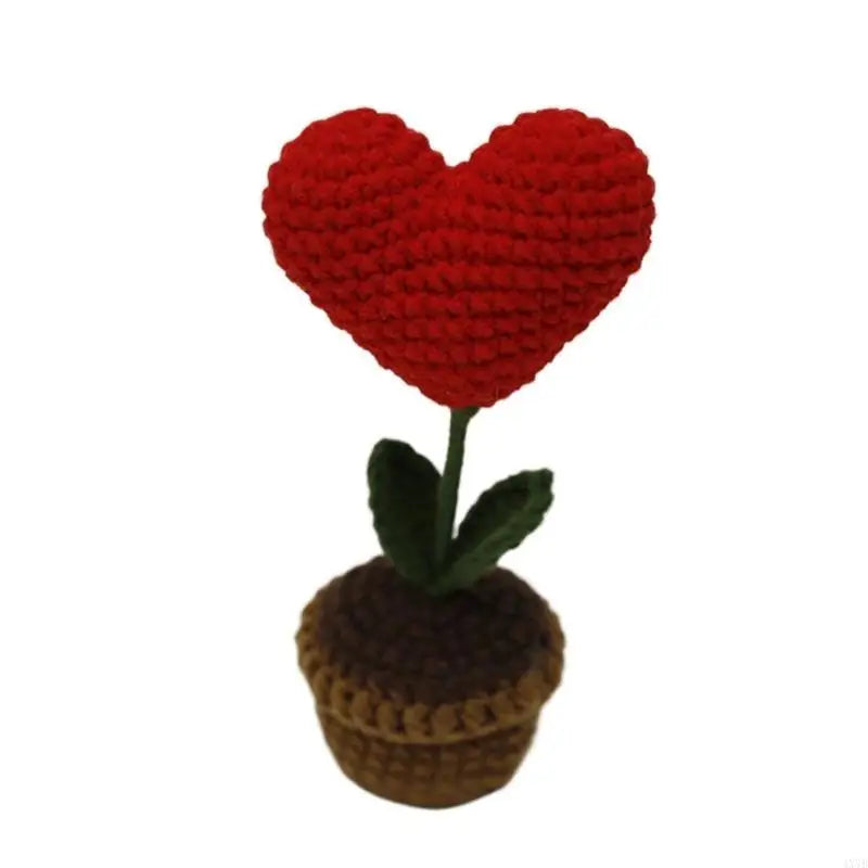 4X7B Crochet Heart Flower In Pots Knitted Wool Mini Flower Potted Plant Romantics Ornament for Valentines Day Gift